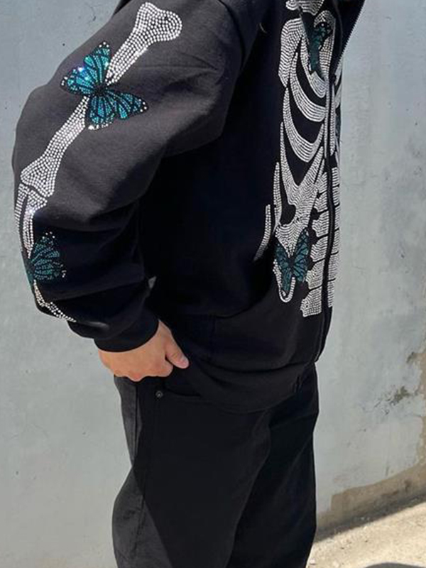 Übergroßer Kapuzenpullover mit Skelett-Schmetterling und Strasssteinen für Herren-3