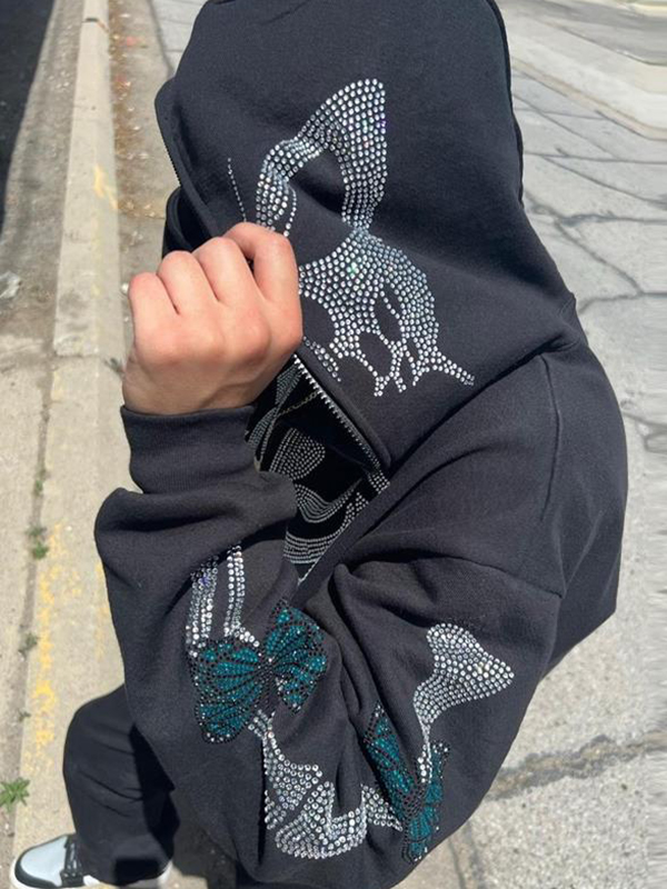 Übergroßer Kapuzenpullover mit Skelett-Schmetterling und Strasssteinen für Herren-2