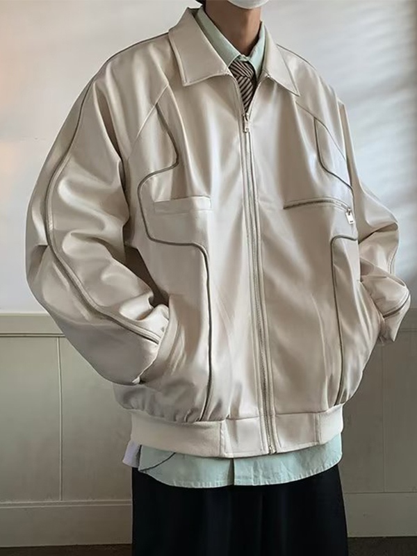 Kunstlederjacke mit Reißverschluss und Paspeldetail-1