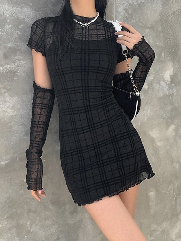 Kariertes Minikleid-Set mit Handschuhen-3