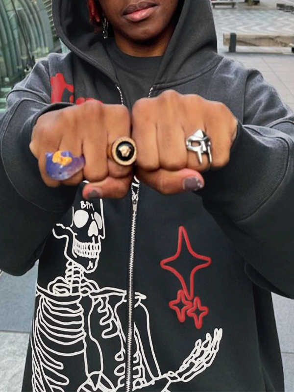 Herren-Hoodie mit Reißverschluss und Buchstabe-Schädel-Grafik-1