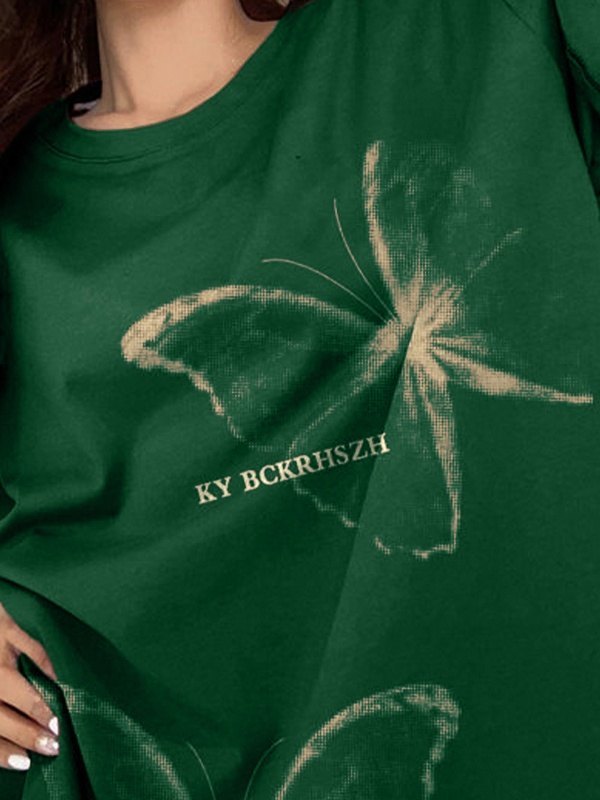 Übergroßes Kurzarm-T-Shirt mit Vintage-Schmetterlingsdruck-1