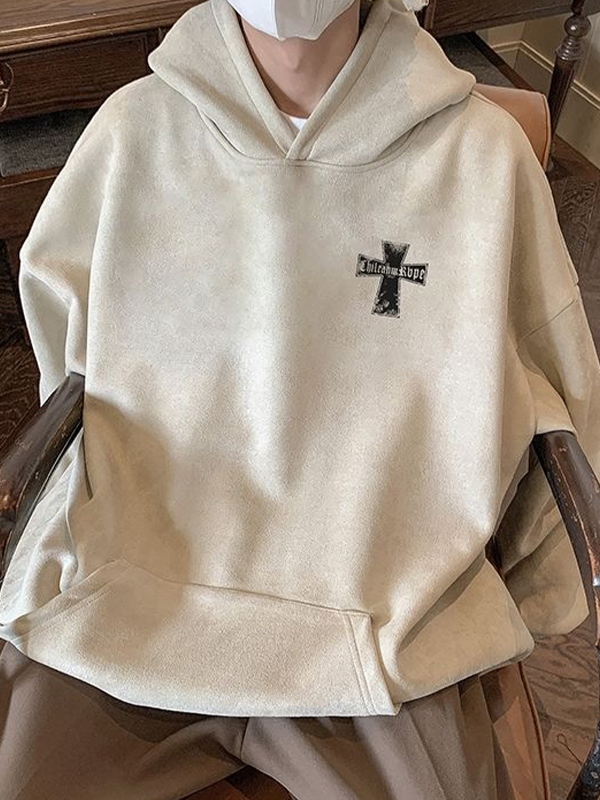 Übergroßer Kapuzenpullover mit Kreuzmuster aus Wildleder für Herren-3