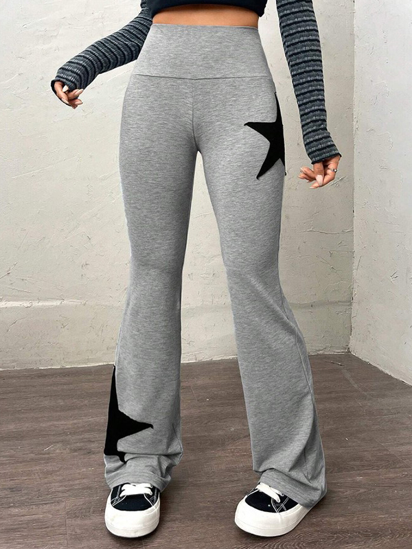 Hochelastische Hose mit hohem Bund und ausgestelltem Bein und Sternenmuster-1