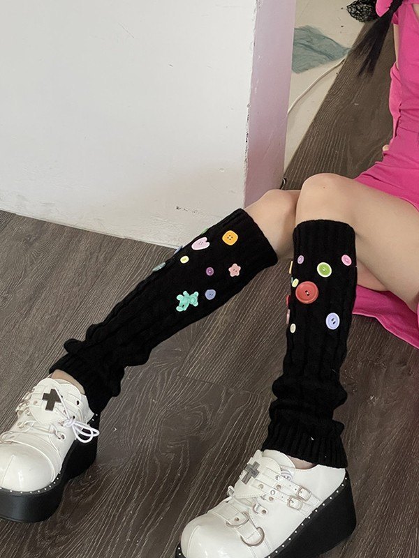 Knopfverzierter Zopfmuster-Beinwärmer-4