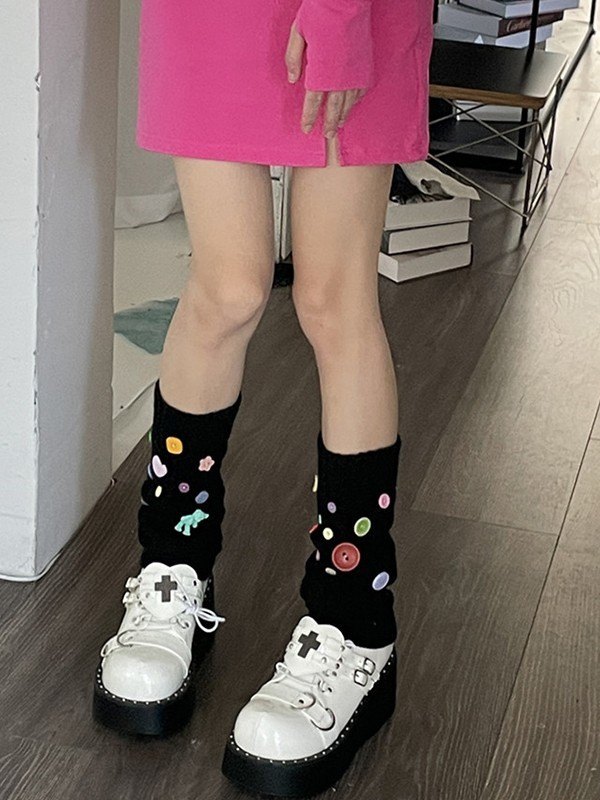 Knopfverzierter Zopfmuster-Beinwärmer-3